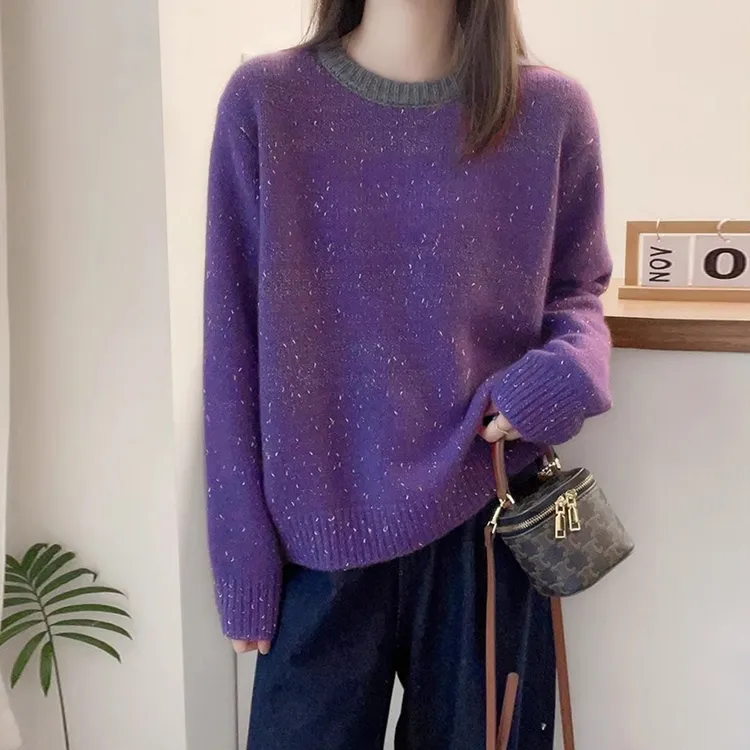 秋冬新款拼色圆领亮片针织衫女小香风软糯毛衣打底别致套头上衣潮