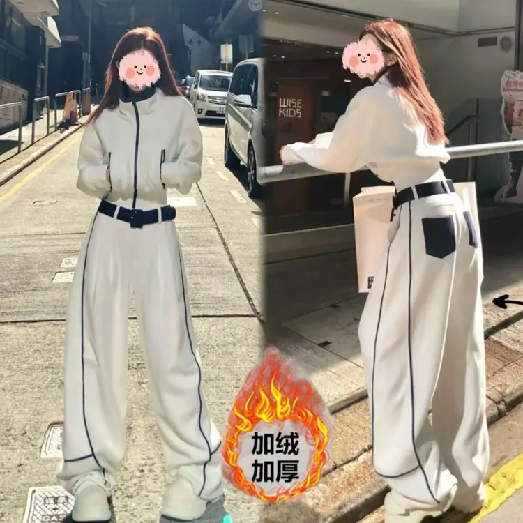 【两件套】秋冬运动美式炸街立领加厚加绒夹克外套+显瘦百搭弯刀裤