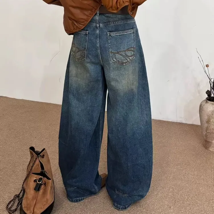 冬季加绒欧货复古高腰阔腿牛仔裤大码女装宽松百搭显瘦拖地弯刀裤