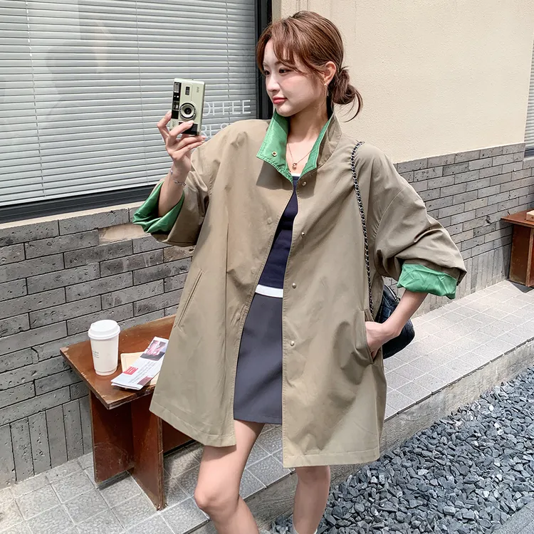 韩系时尚宽松撞色设计感风衣外套女2025秋季新款超流行中长款大衣