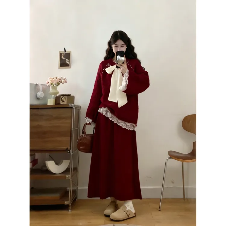 大码女装胖mm秋冬季新款过年红色慵懒风蕾丝拼接毛衣半身裙两件套