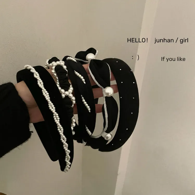 伊人夕岸!黑色丝绒珍珠发箍!黑色压发头箍氛围感气质甜美发捆女