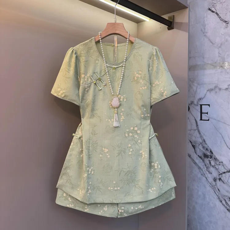 2025新中式复古提花双层开叉盘扣上衣+短裤显瘦两件套2521