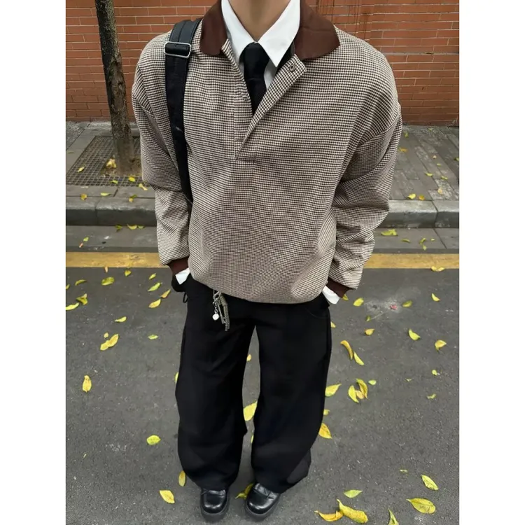 老钱风千鸟格polo衫男秋季美式复古翻领长袖T恤cleanfit无帽卫衣