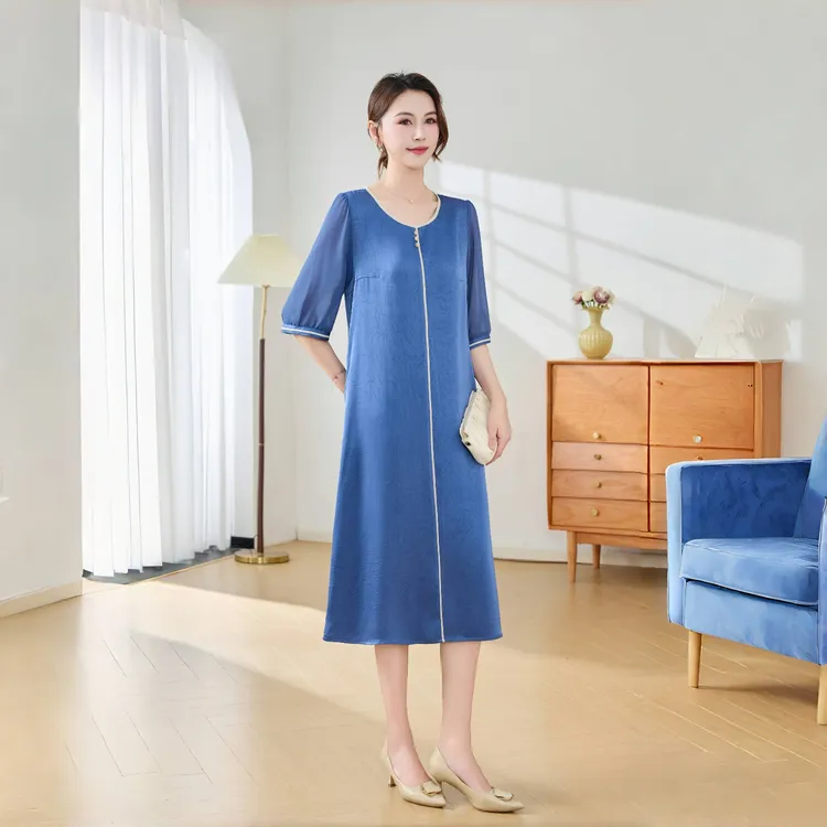 纯色静奢风百搭圆领连衣裙贵气显瘦大码妈妈装气质宽松2025春夏款
