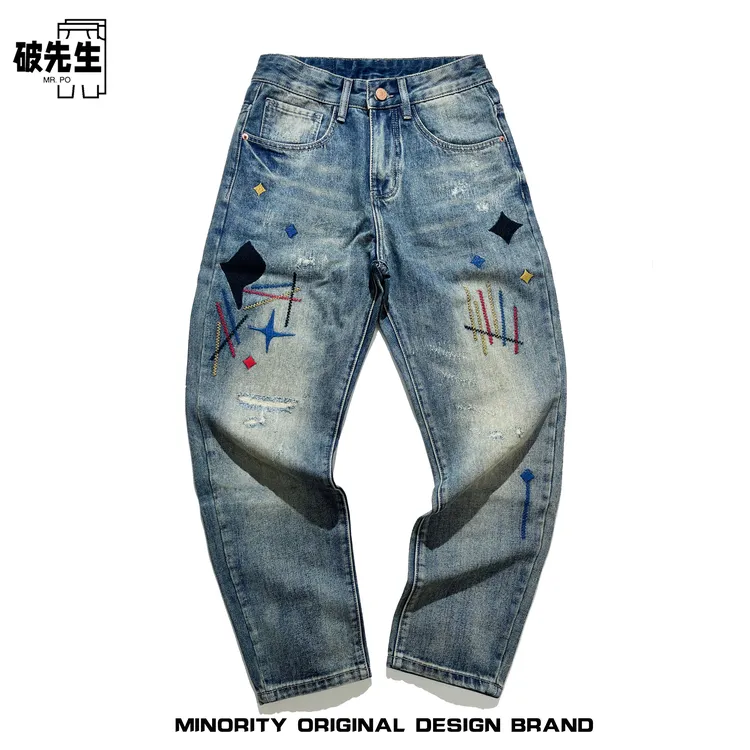 Mr.po/破先生新款痞帅欧货刺绣复古牛仔裤男宽松欧洲站微锥长裤子