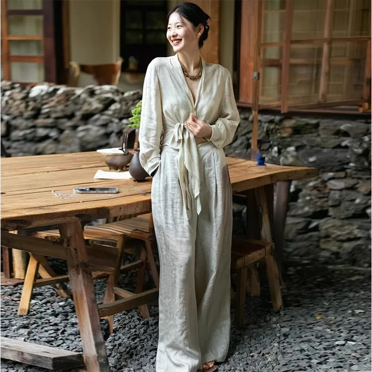 老钱风亚麻气质套装女夏季轻熟风绑带收腰休闲上衣阔腿长裤两件套