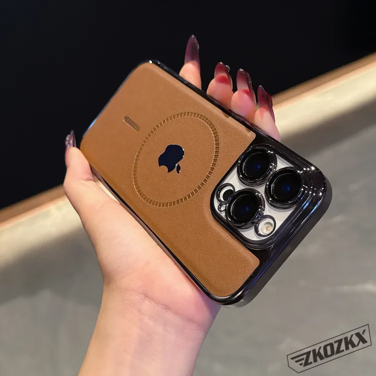 适用苹果12手机壳12Promax原标磁吸电镀真皮纹12Pro镜头全包防摔