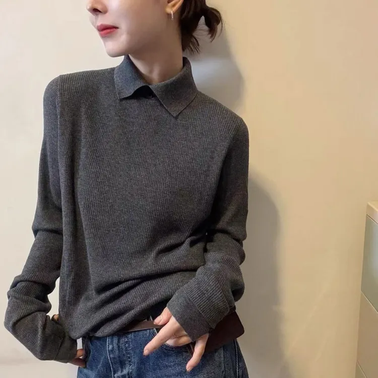 【80-180斤】POLO领针织上衣女秋冬高品质软糯内搭打底衫纯色毛衣女