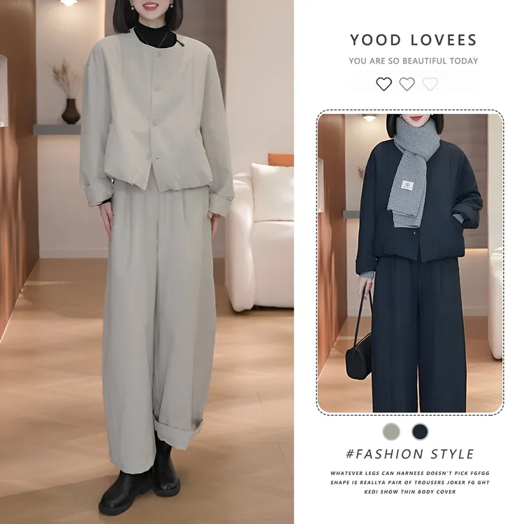 设计感时尚棉服套装女冬季新款加棉加厚长袖外套阔腿裤休闲两件套