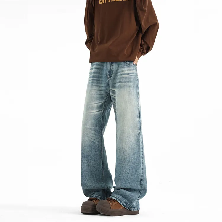 vintage浅蓝色水洗微喇牛仔裤男款修身显瘦裤子美式vibe弯刀长裤
