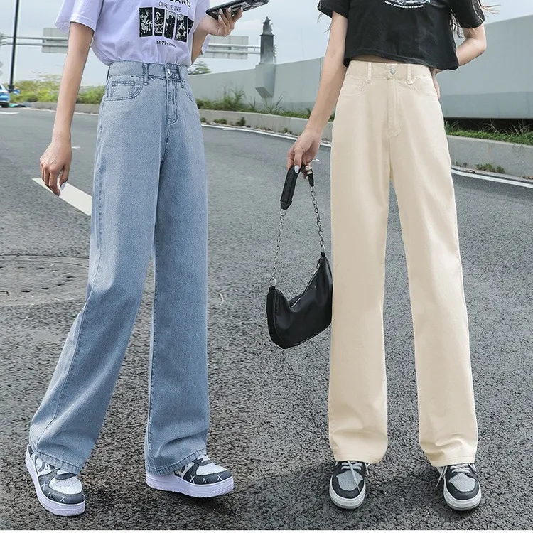 做旧薄款阔腿裤牛仔裤直筒裤长裤宽松春秋夏季显瘦高腰休闲垂感