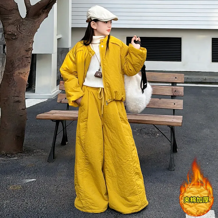 【酷哒仔】女童高阶范黄色夹棉加厚棉袄裤子两件套装2025秋冬装潮范