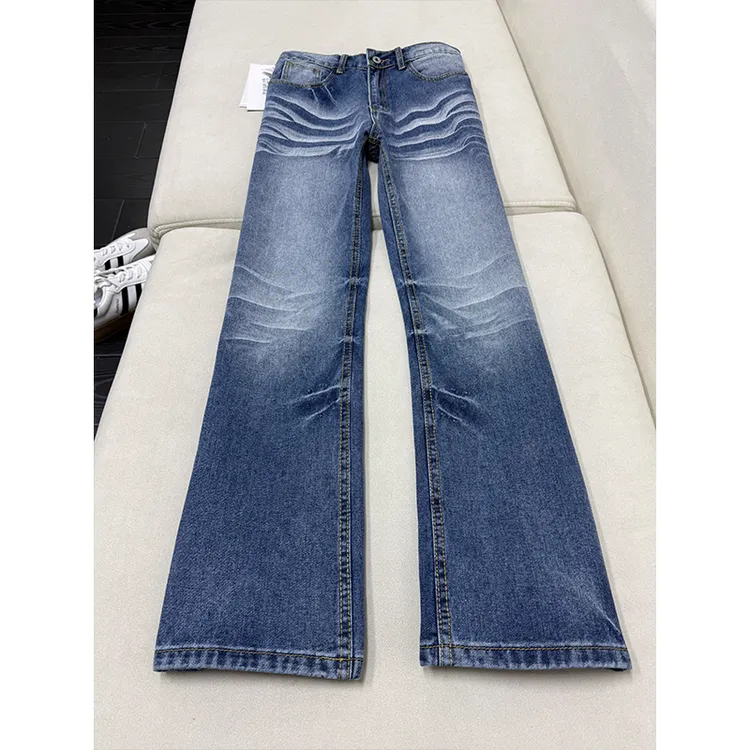 蓝色水洗猫须闪电纹牛仔裤男款美式复古vibe裤子cleanfit直筒长裤