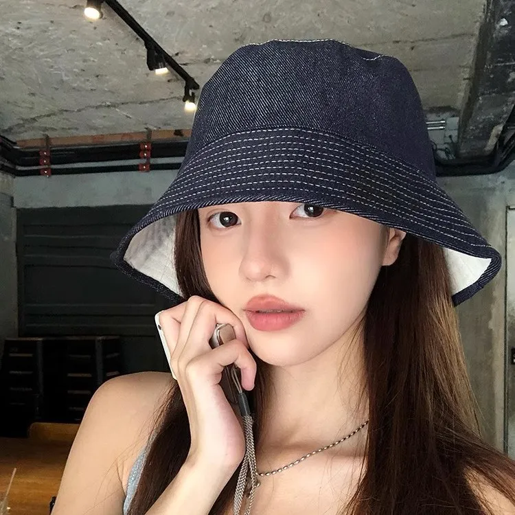 日系复古双面可戴牛仔渔夫帽女秋冬显脸小百搭水桶帽遮阳防晒盆帽