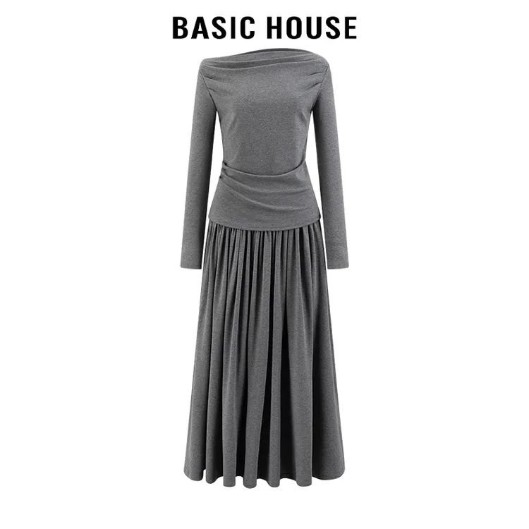 百家好/Basic House气质通勤一字肩捏褶收腰T恤半身裙高级感套装