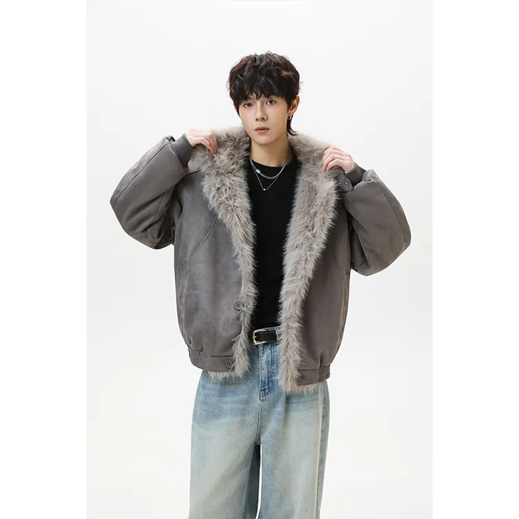 复古座山雕毛茸茸毛领棉服厚外套男款冬季巴恩风短款加绒情侣上衣
