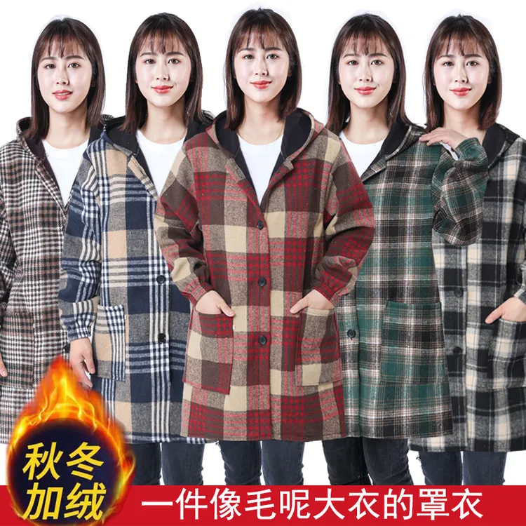 冬季加绒加厚罩衣长袖格子工作服外穿大褂男女款家用厨房做饭围裙