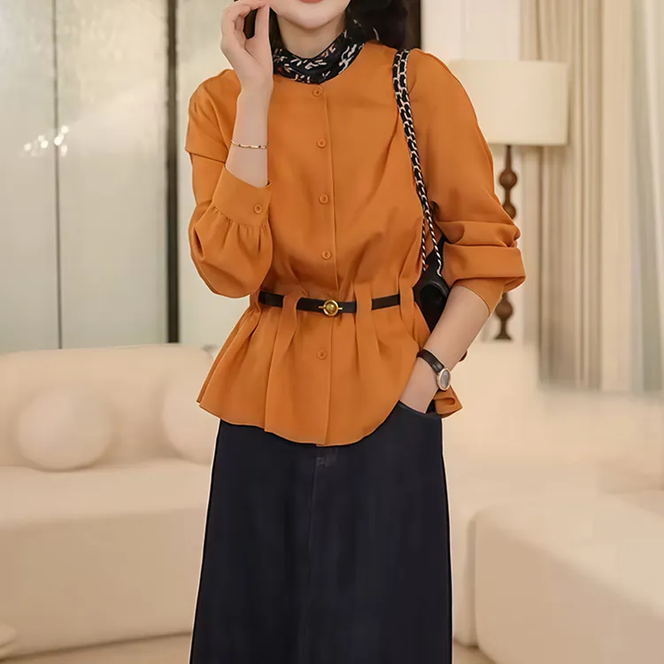 早秋季新款女士气质减龄圆领收腰长袖衬衫女超好看独特漂亮衬衣潮