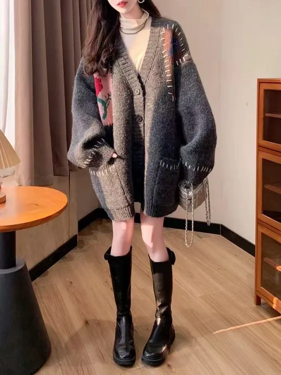 秋装常规袖V领拼色毛针织衫琥珀流光气质女装针织衫毛衣慵懒风