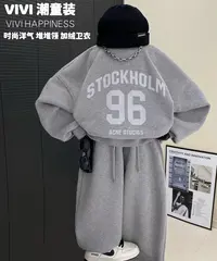 现货VIVI童装【OOTD】冬款亲子装中大童时尚堆堆领印花浅灰加绒卫衣