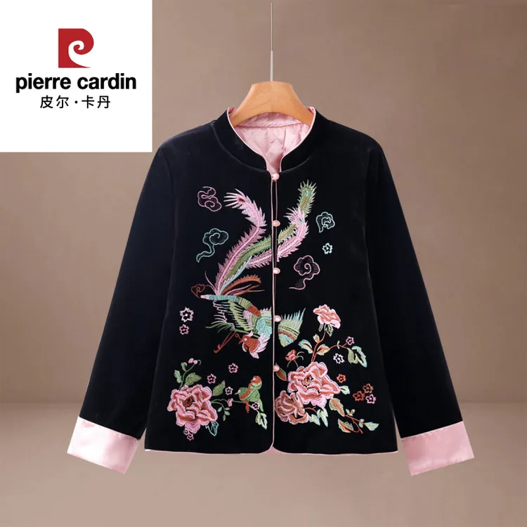 皮尔卡丹妈妈春秋季夹棉金丝绒棉服中老年女装刺绣上衣新中式国风