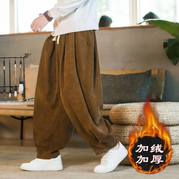 新中式裤子男冬季加绒加厚保暖休闲裤复古风宽松大码灯芯绒阔腿裤