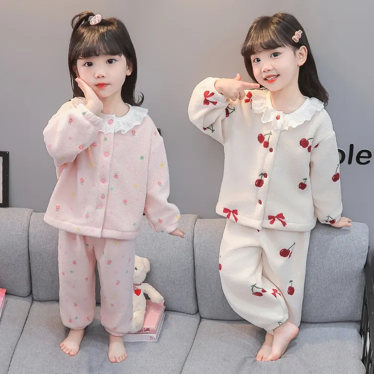 女童睡衣冬季儿童半边绒甜美开衫法兰绒家居服宝宝秋冬宝宝睡衣