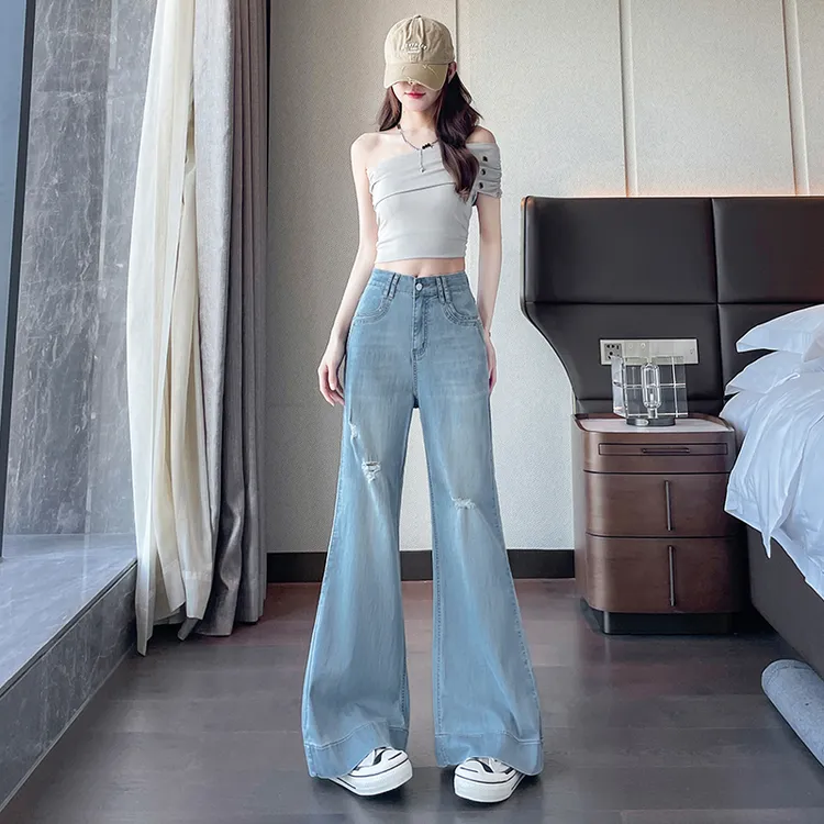 破洞阔腿牛仔裤女宽腿喇叭裤2025夏季高腰显瘦梨型身材拖地流浪裤