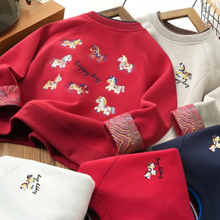 【恩泽妈】刺绣儿童加绒卫衣红色男女童亲子装拜年服MT25262 Y