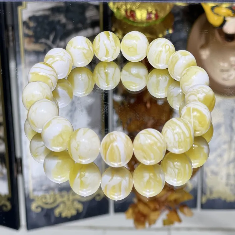 12.5金瓷白溶洞妖花虎皮蜜蜡手串女款气质白色时尚百搭黄色单圈
