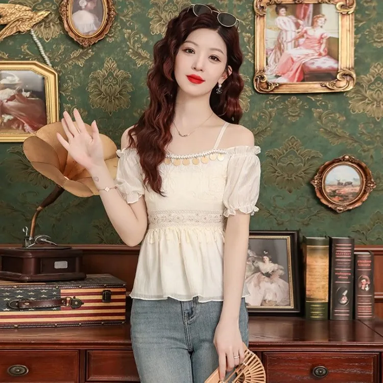 一字肩雪纺衫短袖收腰衬衫女夏季2025新款复古流苏设计感露肩上衣
