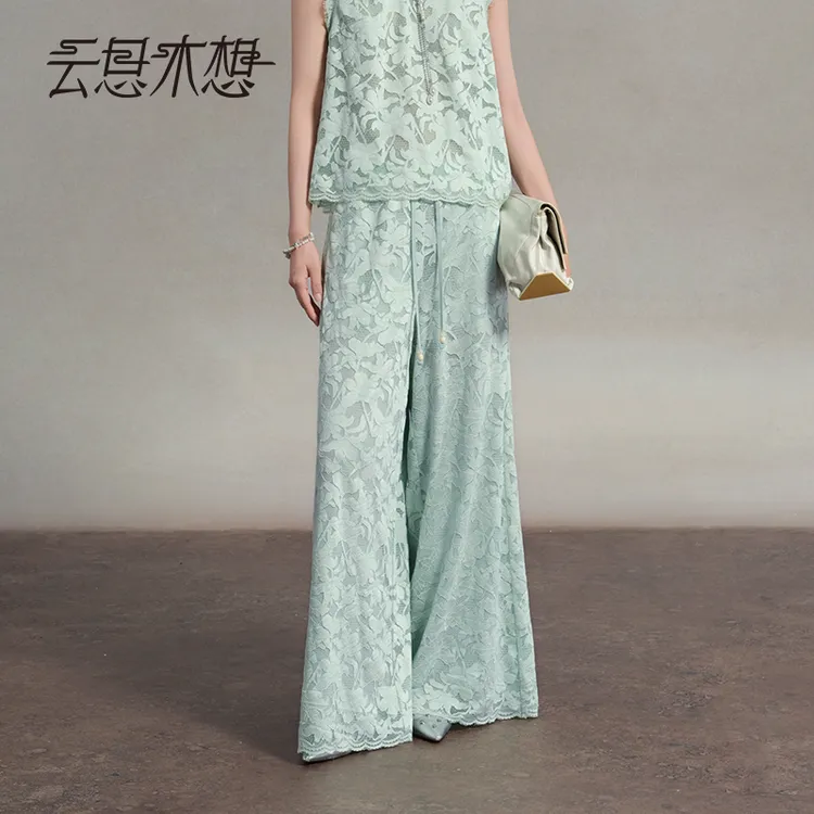 Ysimo-X云思木想 青青子衿 植物染直筒松紧腰抽绳蕾丝休闲裤14970