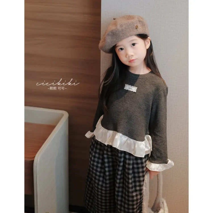 【熙熙可可】2025儿童童装秋冬米灰花边百搭长袖T恤打底衫TX2583