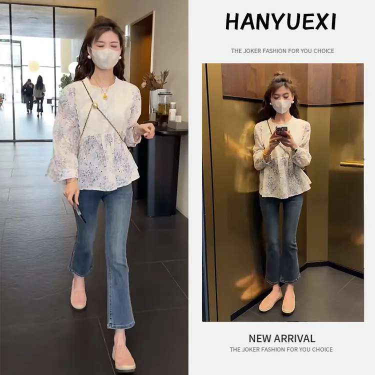 今年流行穿搭一整套2025新款镂空蕾丝圆领娃娃衫显瘦牛仔裤两件套