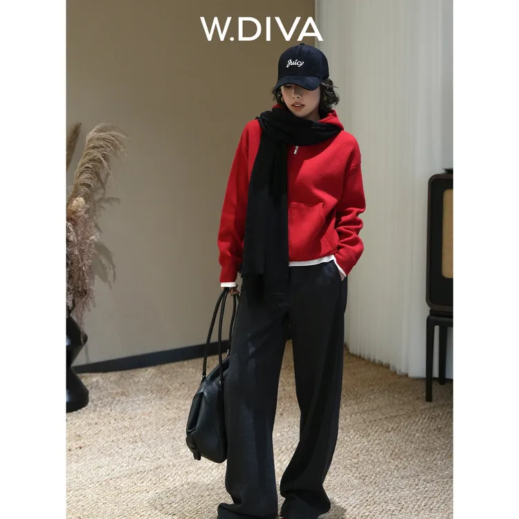 W.Diva【纯颜开衫】双拉链连帽羊毛针织开衫外套百搭54Z283427