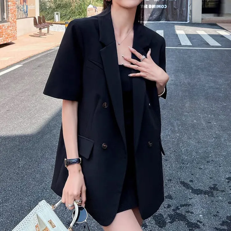 【6673】2025夏季胖mm小西装短袖外套女时髦宽松休闲小西服短袖女