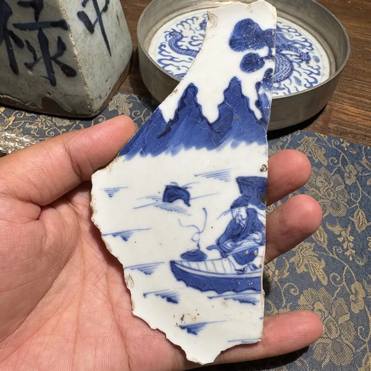 Q青花山水风景人物图瓷片标本学习收藏顺丰包邮全手工制作