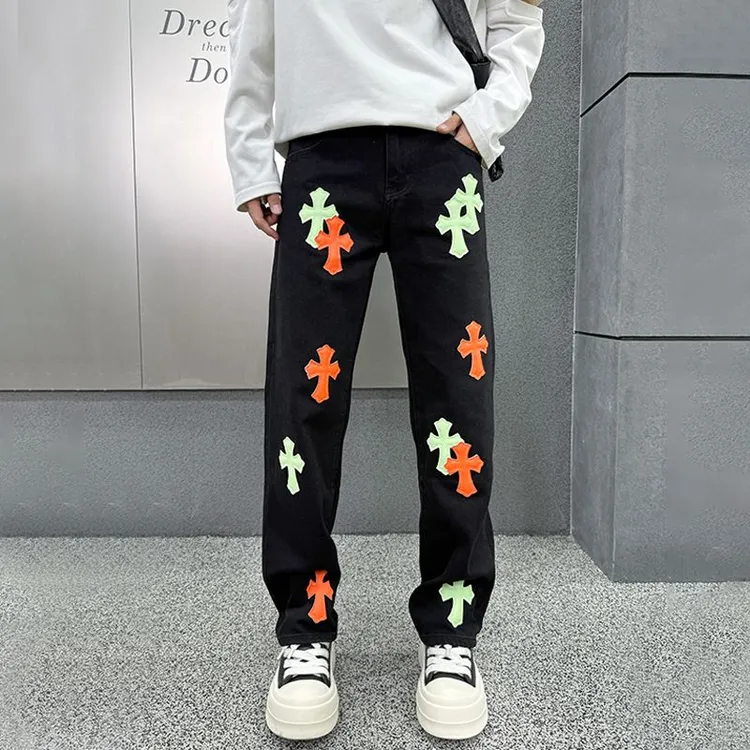修身弹力十字架黑色克罗心牛仔裤男款小众设计感潮牌痞帅炸街男装