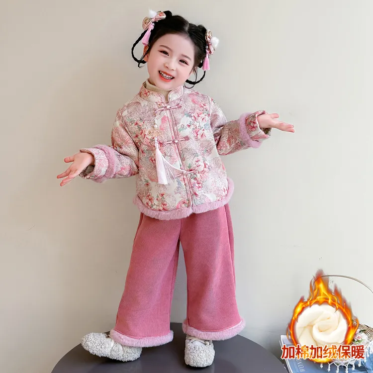 新中式女童国风套装冬季小童女宝加绒加厚古风拜年服儿童新年汉服