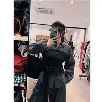 晶咕【小蛮腰！】设计感假两件绑带收腰拼格纹翻领上衣