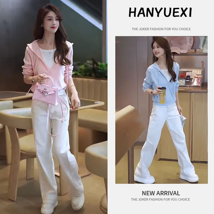 早春时尚一整套女装2025新款韩版假两件连帽上衣高腰牛仔裤两件套