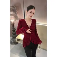 V领设计感压褶喇叭袖衬衫CS31143