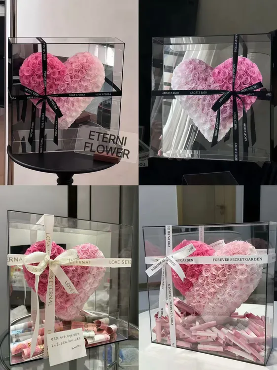 七夕情人节礼物亚克力永生花镜面爱心玫瑰花盒告白送男女朋友生日