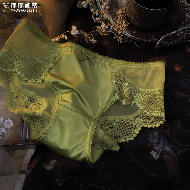 法式复古缎面蕾丝内裤女性感镂空刺绣透明网纱中腰包臀棉裆抗菌