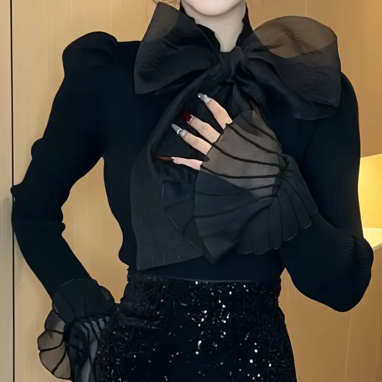 洋气上衣女蝴蝶结钉珠欧洲站2024冬季新款百搭修身弹力打底显瘦衫