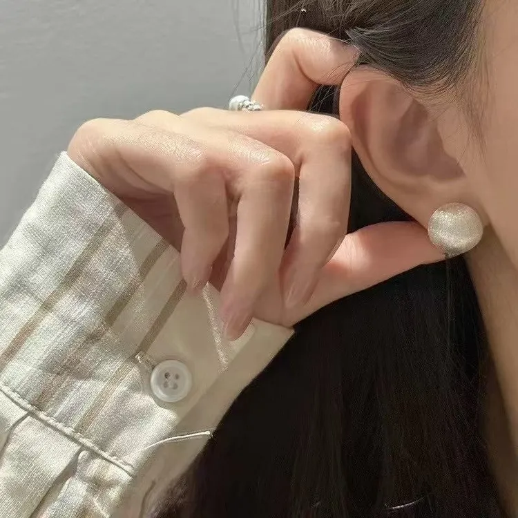 足银耳饰 990韩版时尚拉丝磨砂圆球耳钉