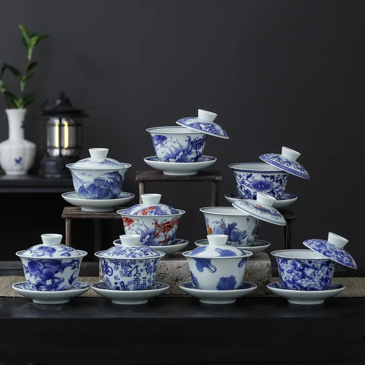 青花瓷悬停盖碗150ml精品泡茶悬停功夫茶具带悬停旋转盖碗敬茶碗