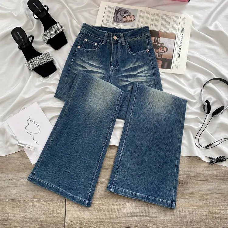 低腰超模微喇牛仔裤女2025年秋季新款显瘦修身弹力折痕设计喇叭裤