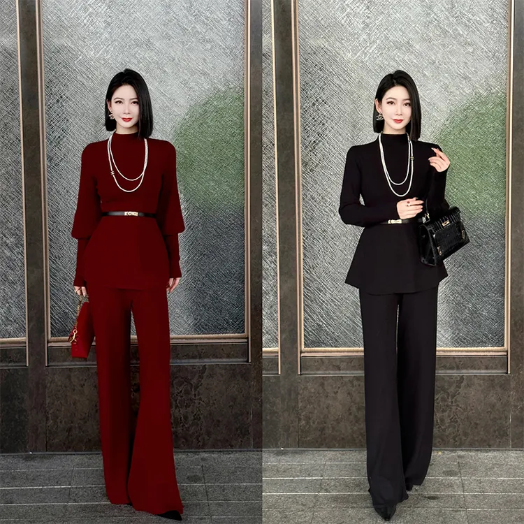 格娜冬季穿搭半高领上衣打底时尚针织套装慵懒风显瘦气质裤套装